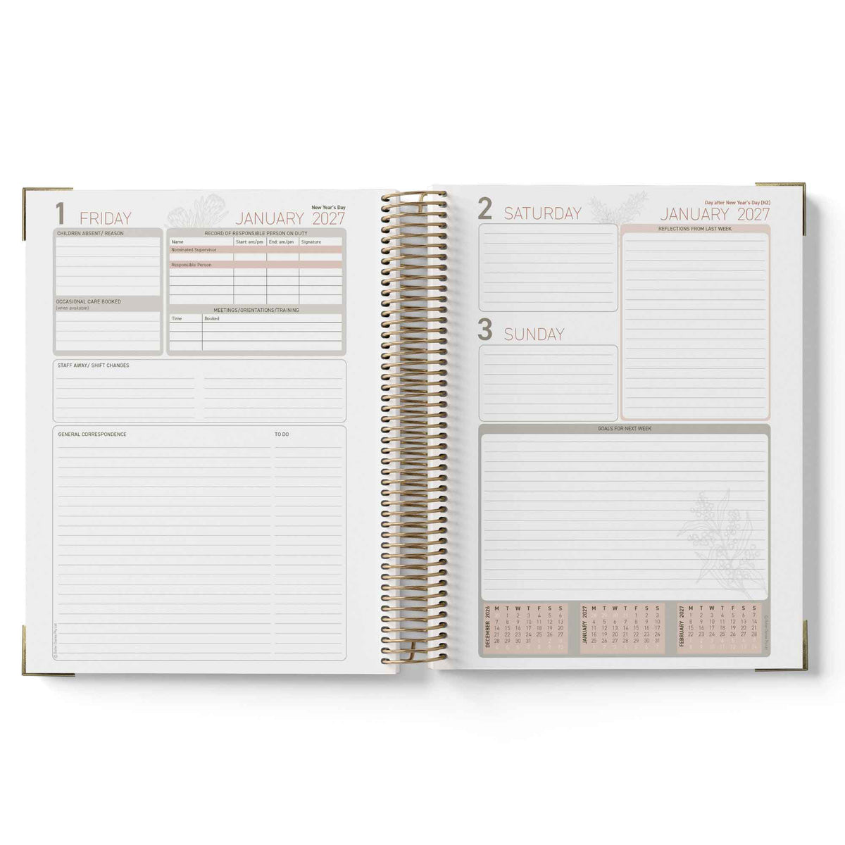 Open 2027 Children's Centre Diary showing a weekly layout with dates and notes on a white background