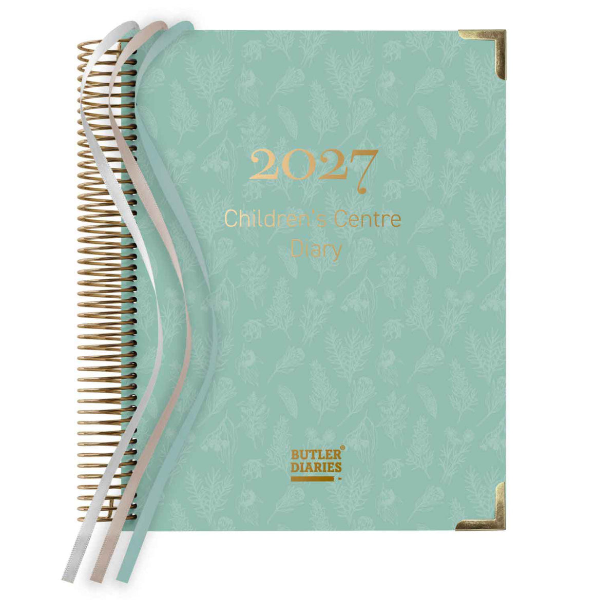 Aqua 2027 Children's Centre Diary planner with gold text on a white background