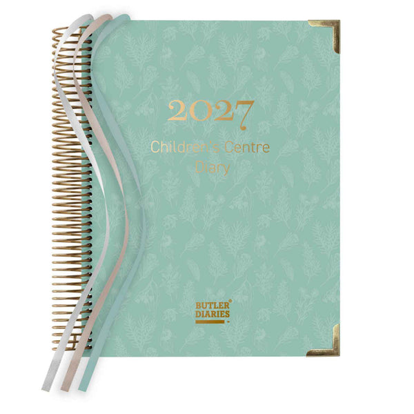 Aqua 2027 Children's Centre Diary planner with gold text on a white background