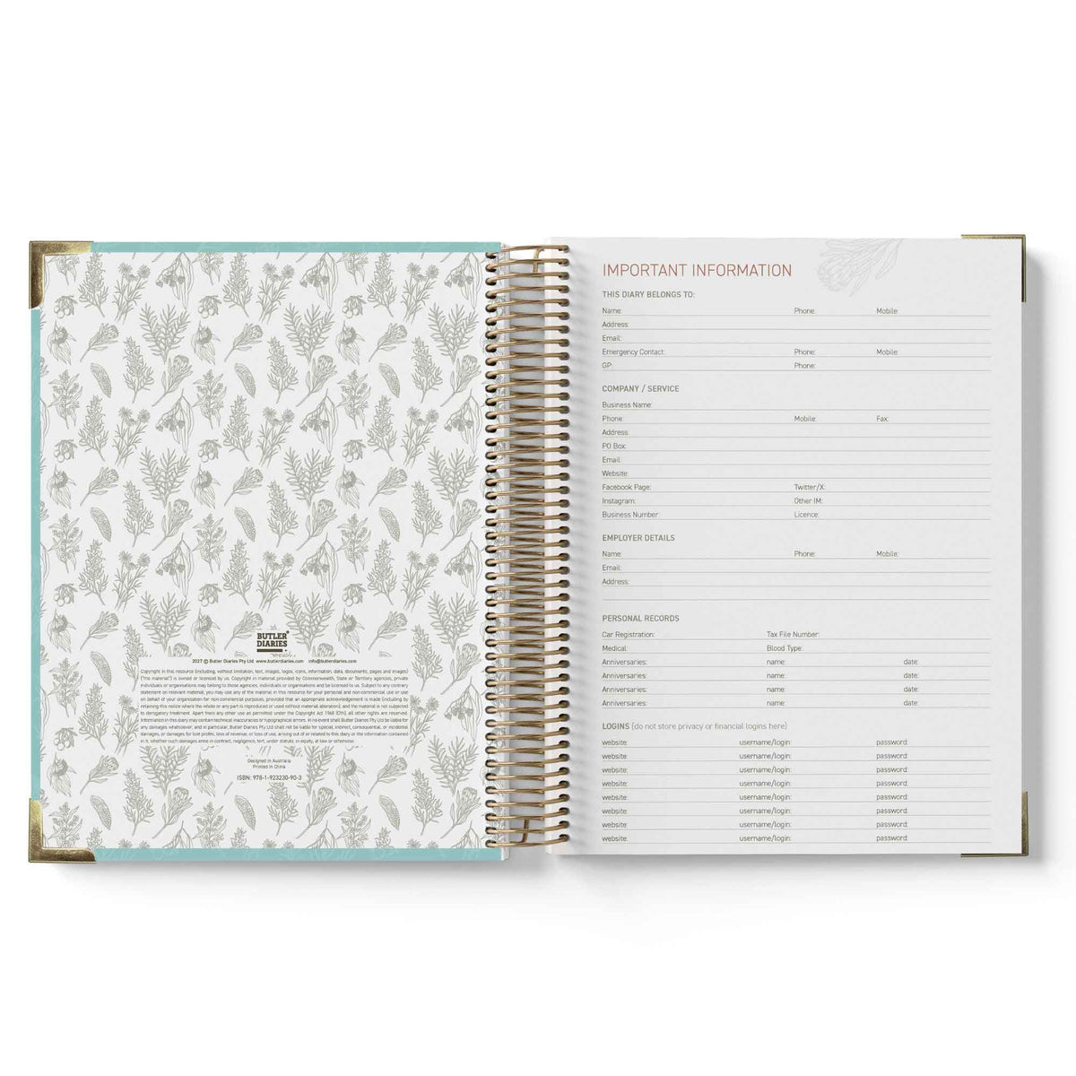Open 2027 Children's Centre Diary showing a floral patterned cover and a page with text on a white background