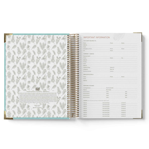 Open 2027 Children's Centre Diary showing a floral patterned cover and a page with text on a white background