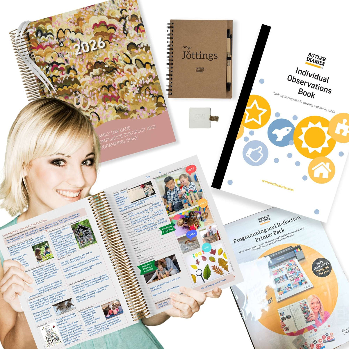 Critical Reflection Bundle for Family Day Care with the Combined Checklist and Programming Diary, Individual Observation Book, Jottings Pad, Pen Holder and Printer Pack