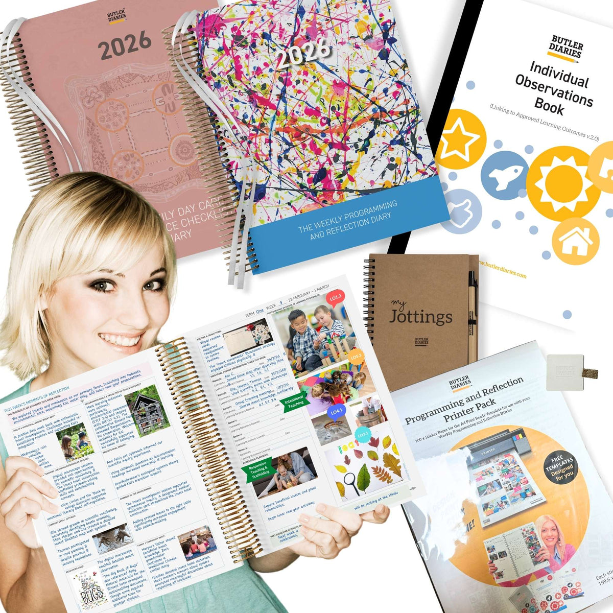 Critical Reflection Bundle for Family Day Care with the FDC Checklist and Programming Diary, Weekly Programming and Reflection Diary, Individual Observation Book, Jottings Pad, Pen Holder and Printer Pack