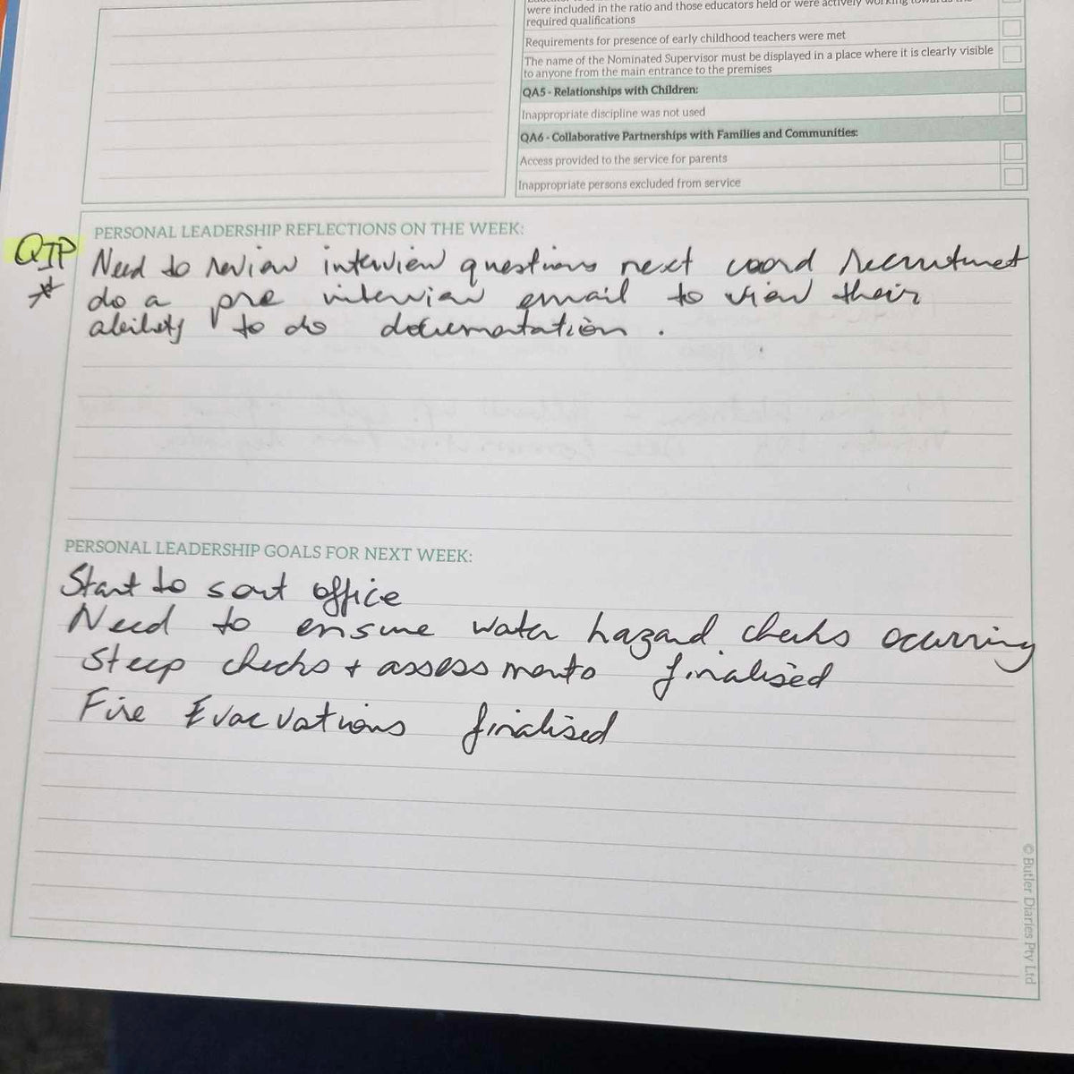Customer example showing professional leadership goals on weekend reflection page