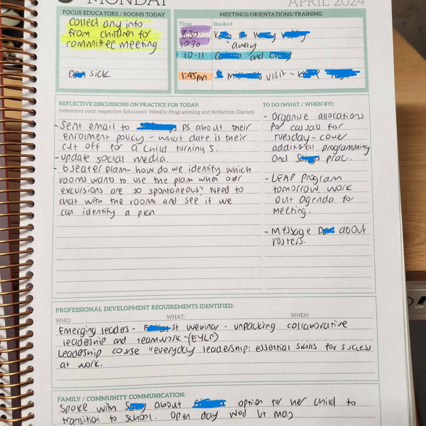 Customer example of Educational Leader Diary using highlighters to link and plan