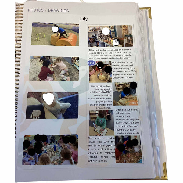 Open reflection page in Educator Programming Diary open to a page with multiple small photos and text made using the Printer Pack