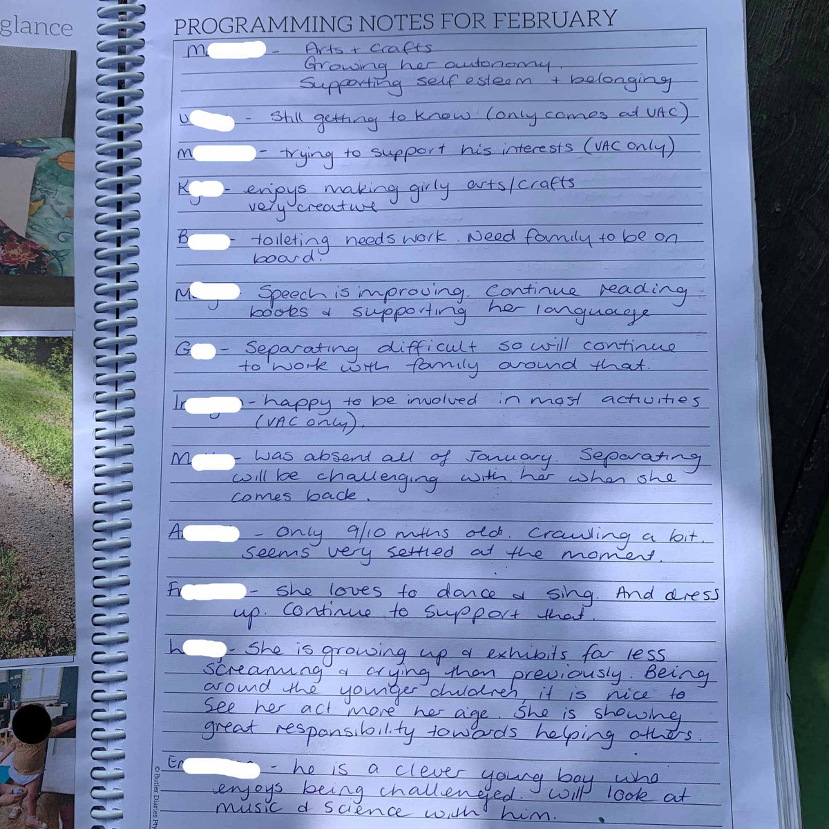 Programming notes page in Educator Planner with handwritten notes on a wooden surface