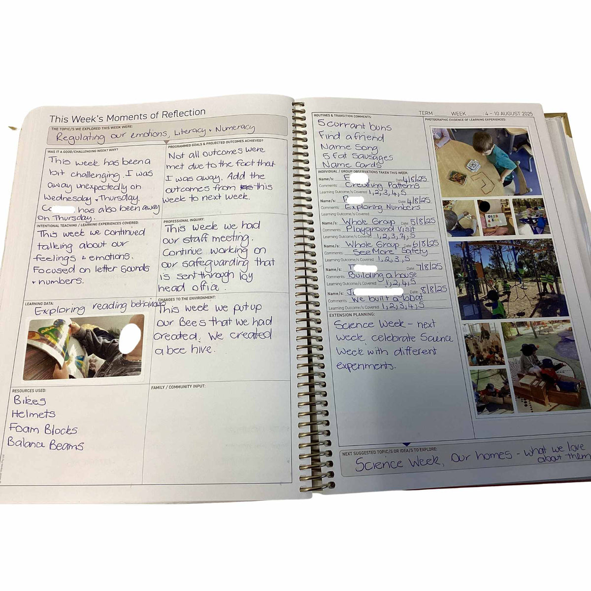Programming Diary with reflection pages and photos of children at a table.