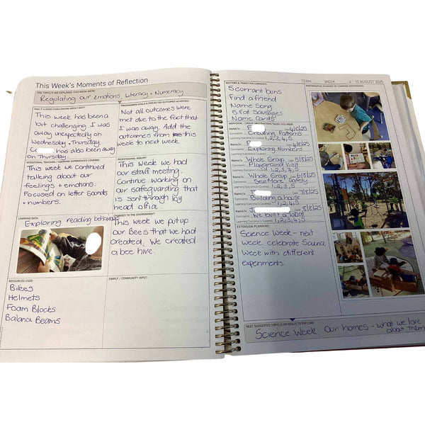 Programming Diary with reflection pages and photos of children at a table.