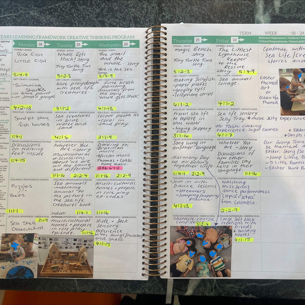 Open Educator Programming Diary with notes and images on a dark surface