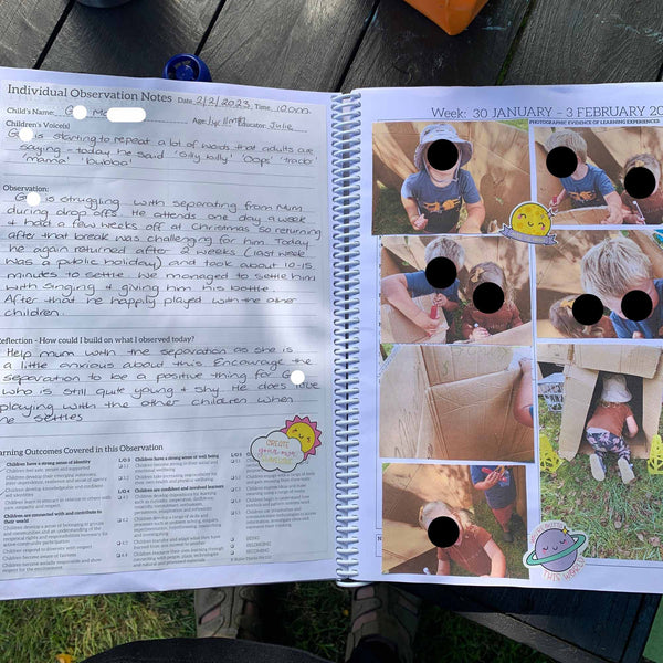 Open Educator Planner with photo collage and text on a wooden surface