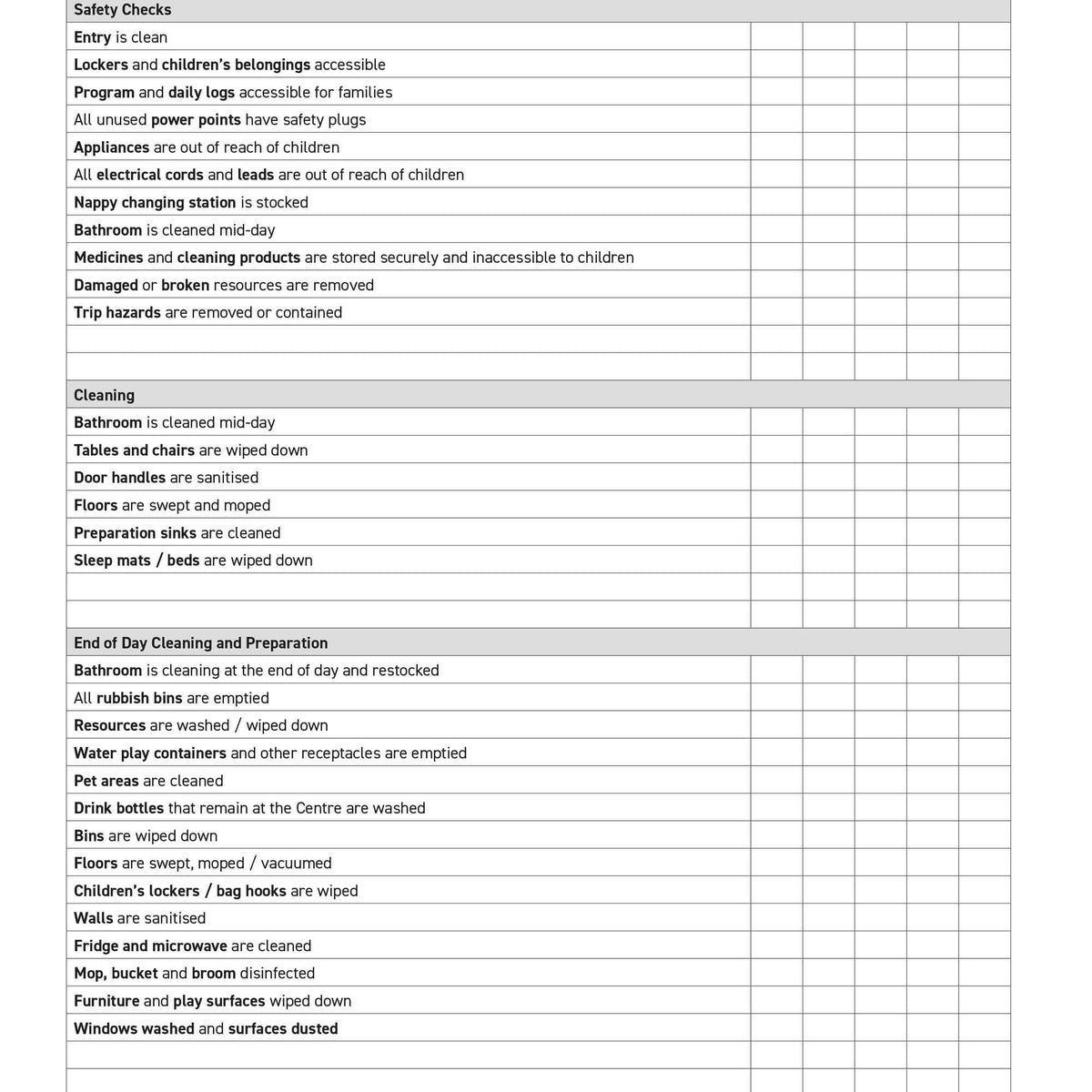 Daily Cleaning and Safety Log for LDC with checkboxes and columns for dates and tasks.