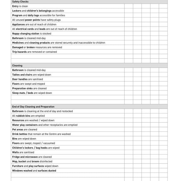 Daily Cleaning and Safety Log for LDC with checkboxes and columns for dates and tasks.