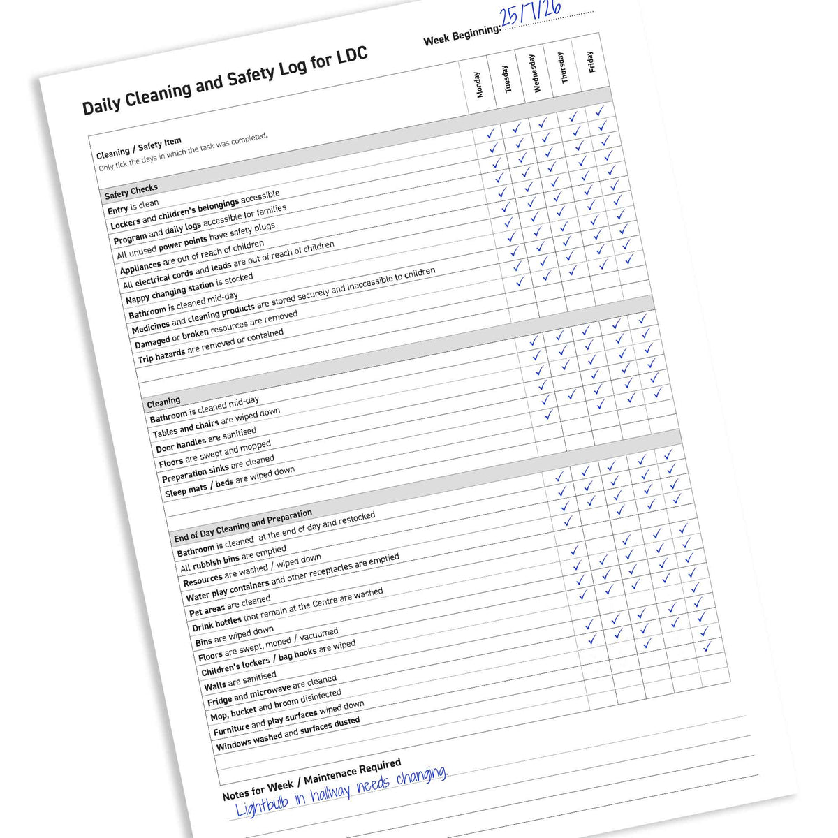 Daily Cleaning and Safety Log for LDC on a white background