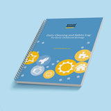 Notebook titled 'Daily Cleaning and Safety Log for Early Childhood Settings' by Butler Diaries on a light blue background