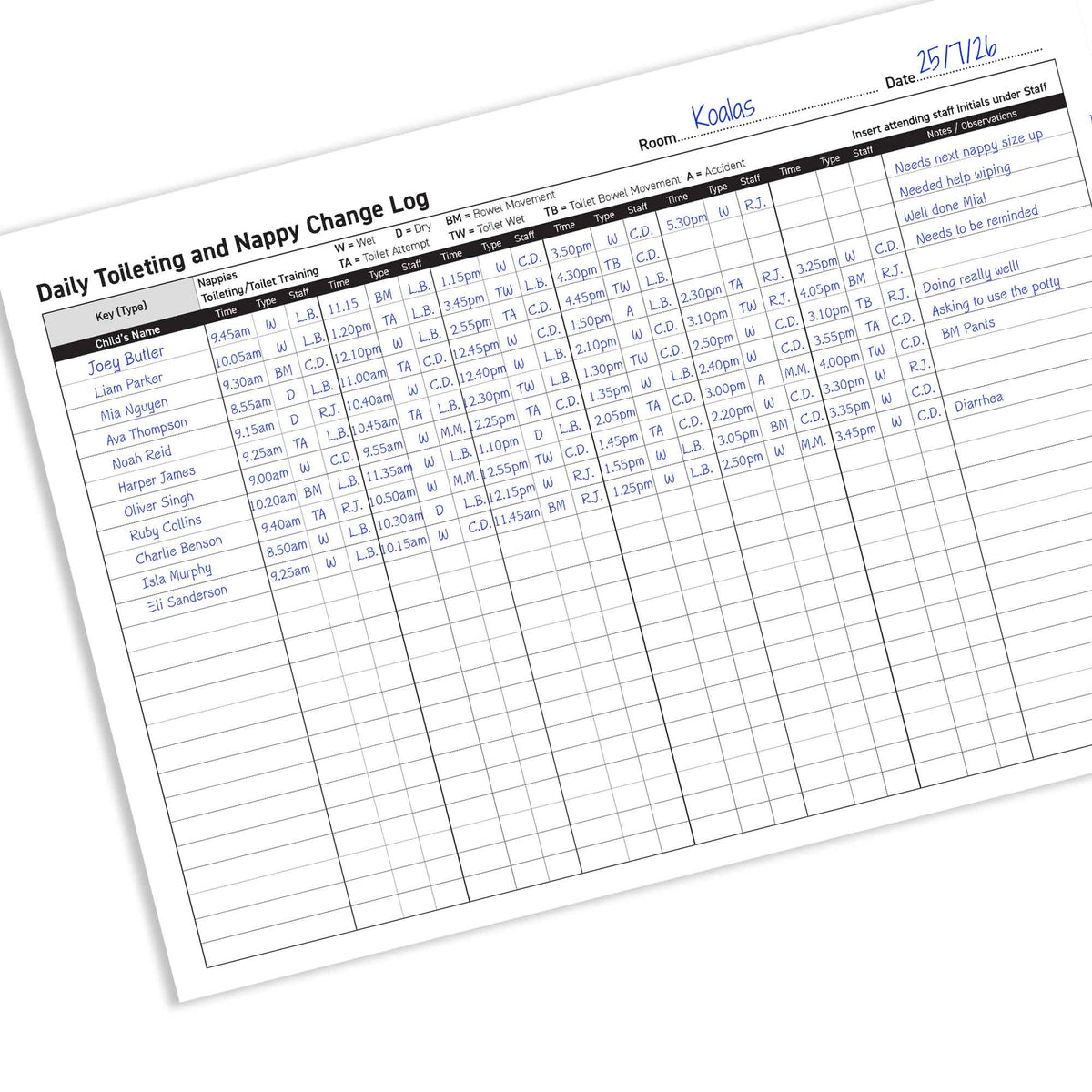 Daily Toileting and Nappy Change Log Book