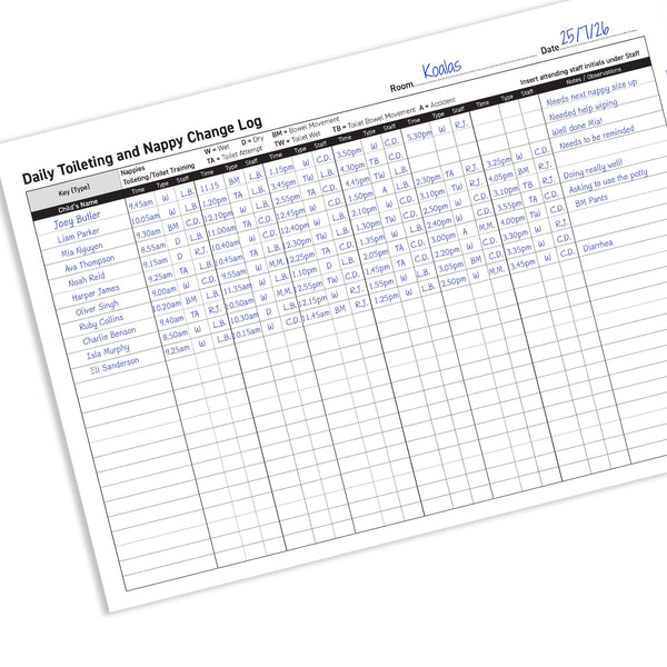 Daily Toileting and Nappy Change Log Book