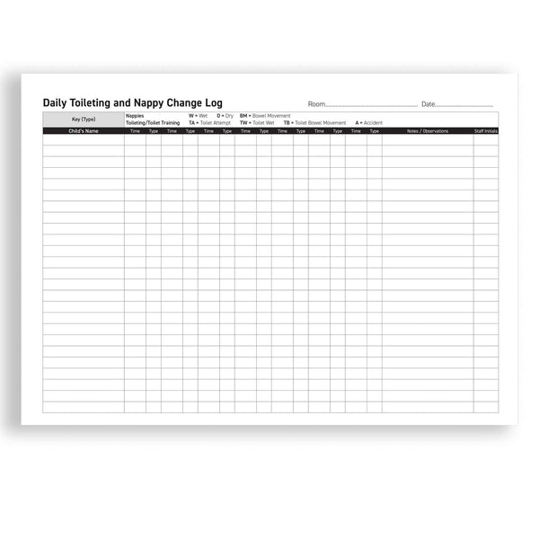 Daily toileting and nappy change log sheet on a white background