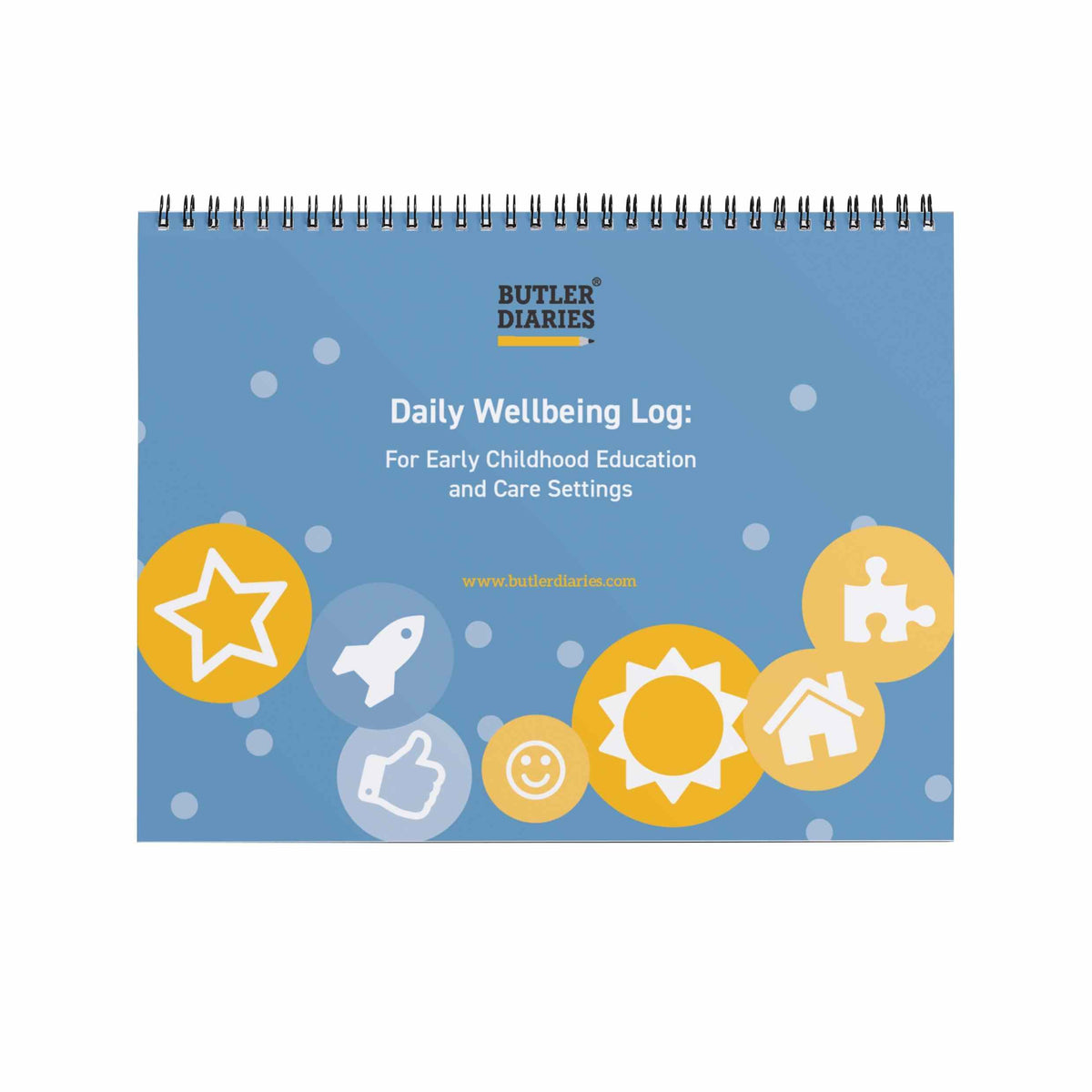 Daily Wellbeing Log for early childhood education with colorful icons on a blue background
