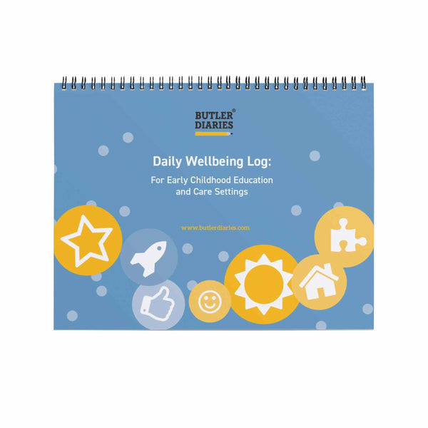 Daily Wellbeing Log for early childhood education with colorful icons on a blue background