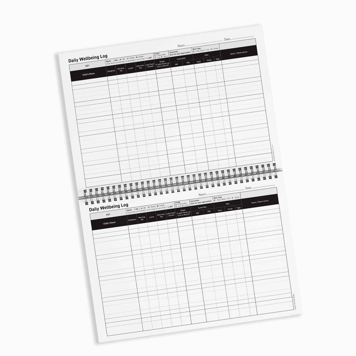 Two pages of a daily wellness log with grid lines on a white background
