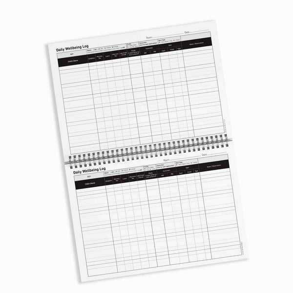 Two pages of a daily wellness log with grid lines on a white background