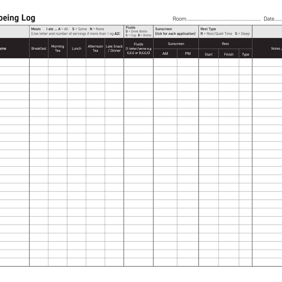 Daily Wellbeing Log sheet with columns for child's name, meals, activities, and notes.