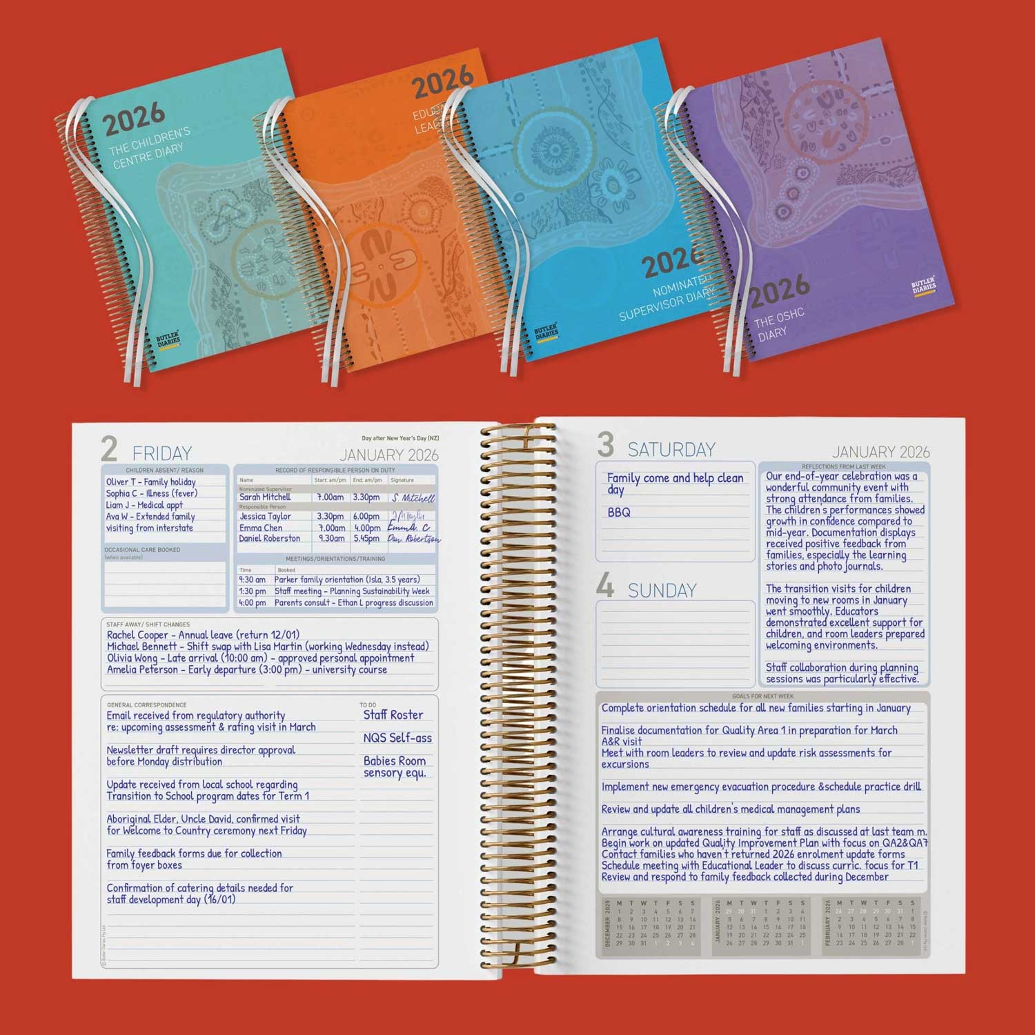 Four spiral-bound planners in different colors with an open planner showing a weekly layout on a red background.