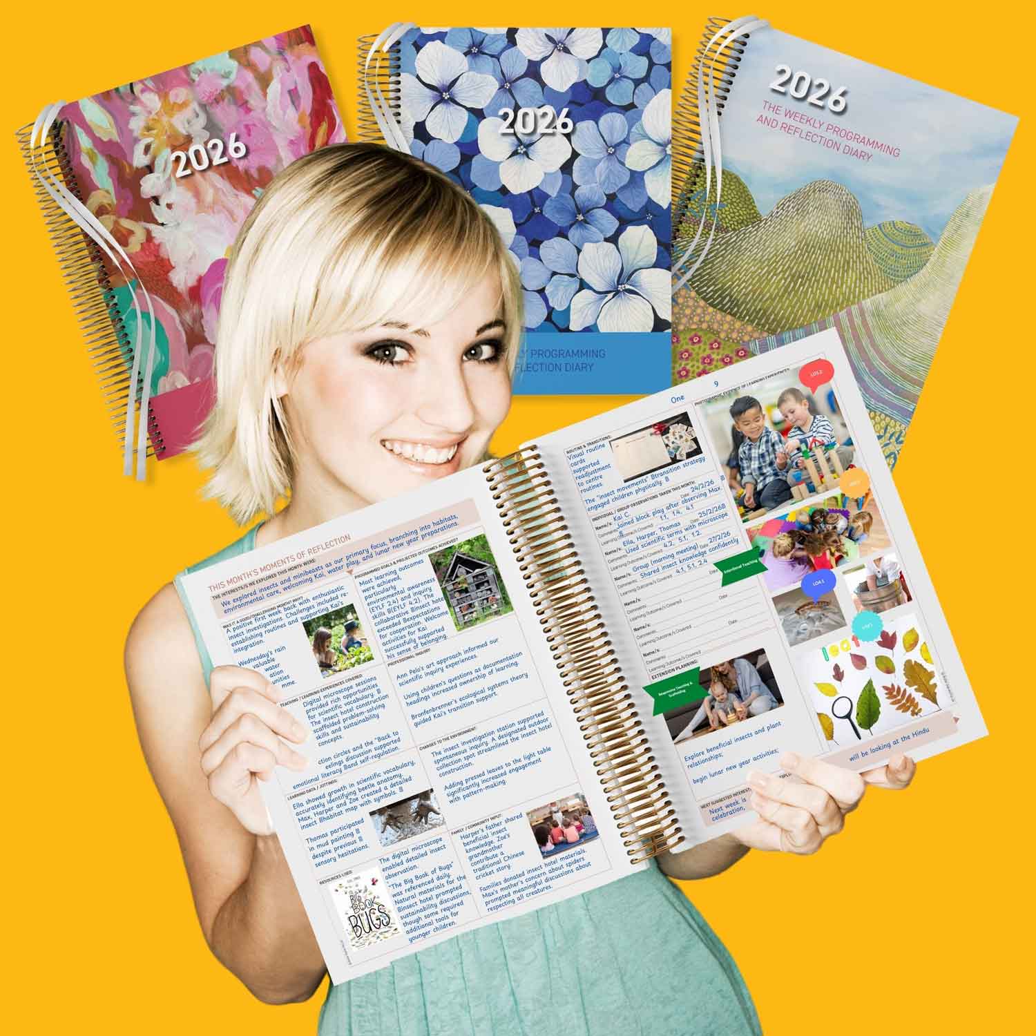 Woman holding an open 2026 calendar with colorful designs in the background.