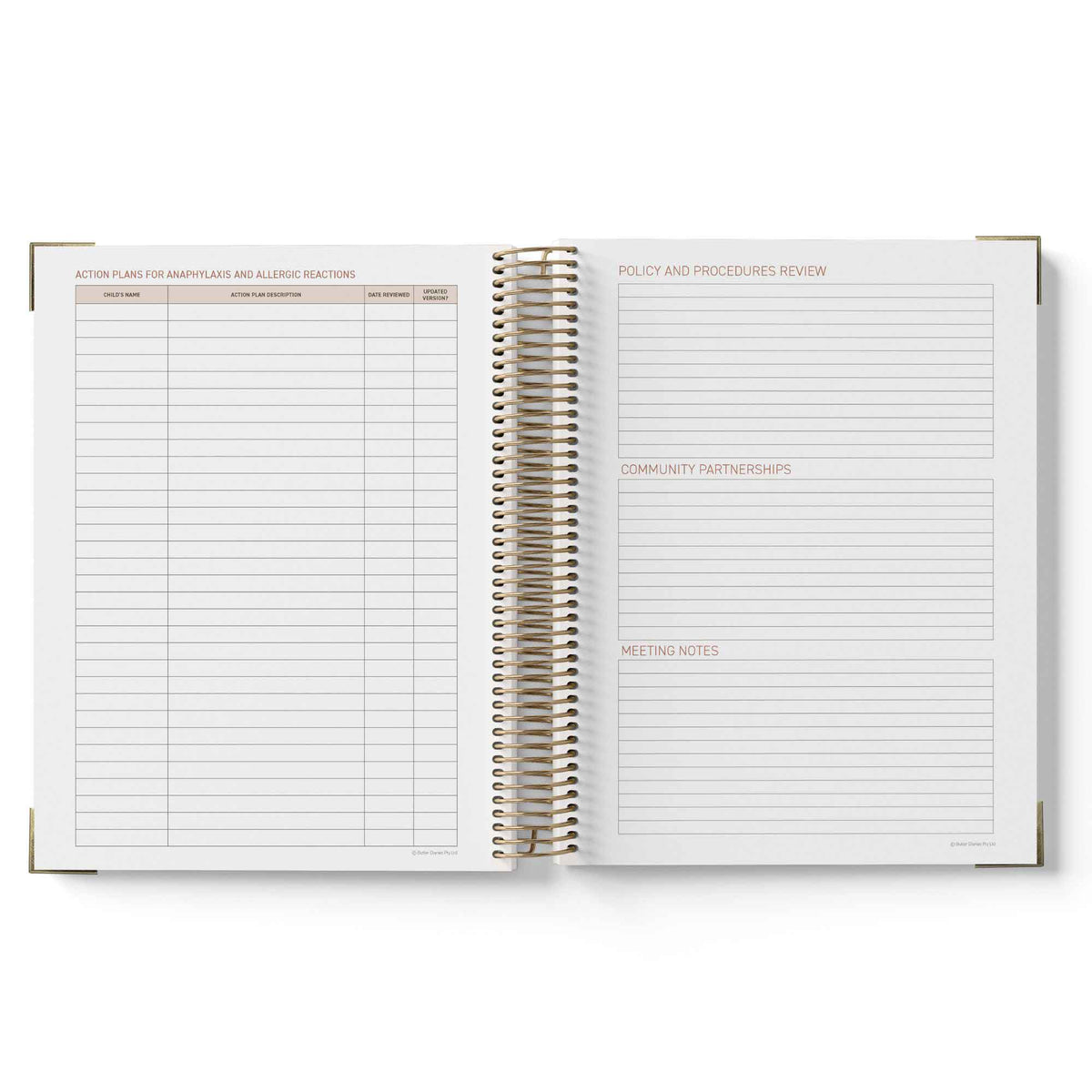 Open spiral-bound ECEC Cook Diary with lined pages on a white background
