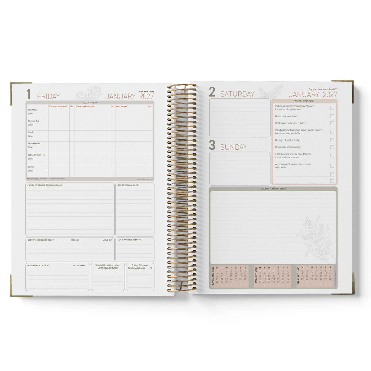 Open ECEC Cook Diary showing a weekly layout with dates and notes on a white background