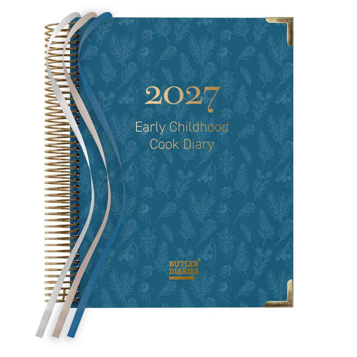 Blue 2027 Early Childhood Cook Diary with floral pattern on a white background