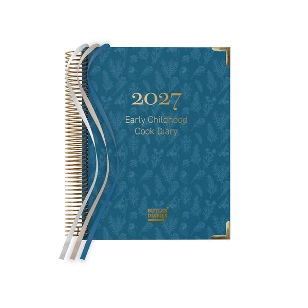 Blue 2027 Early Childhood Cook Diary with floral pattern on a white background