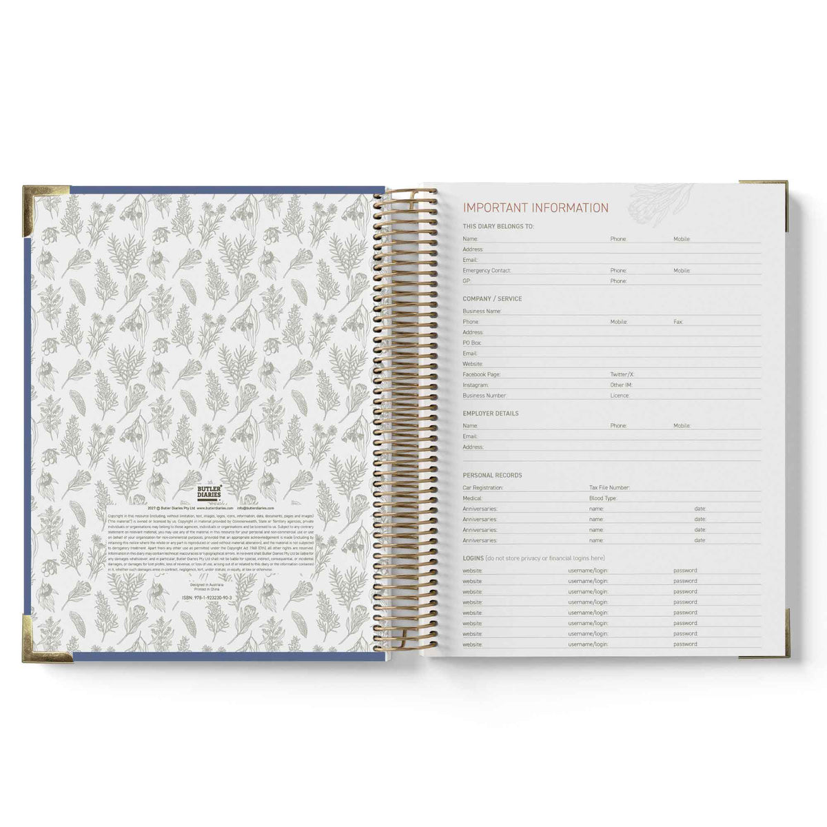 Open spiral-bound ECEC Cook Diary with floral pattern on one page and text on the other, on a white background.