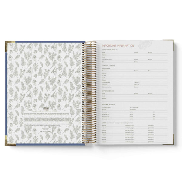 Open spiral-bound ECEC Cook Diary with floral pattern on one page and text on the other, on a white background.