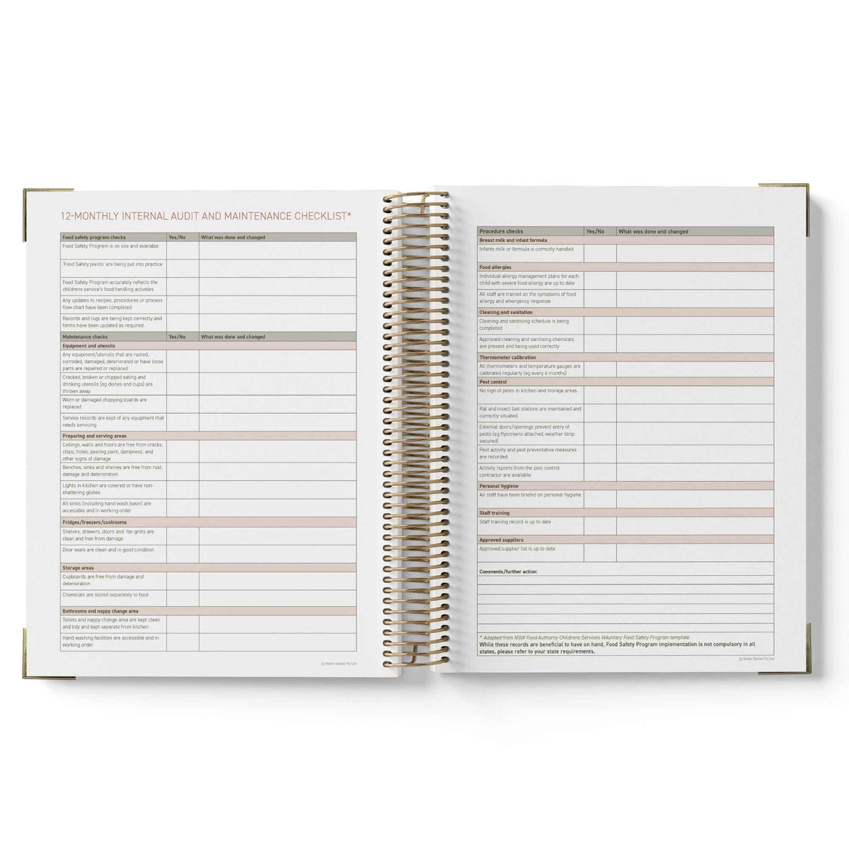 Open spiral-bound ECEC Cook Diary with checklists on a white background