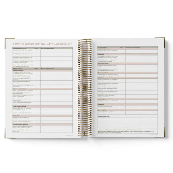 Open spiral-bound ECEC Cook Diary with checklists on a white background