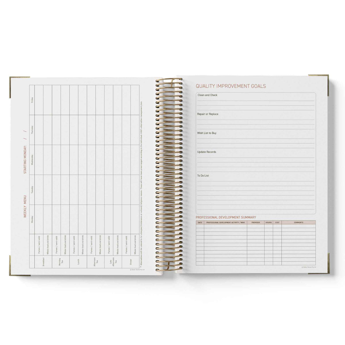 Open spiral-bound ECEC Cook Diary with quality improvement goals section on a white background