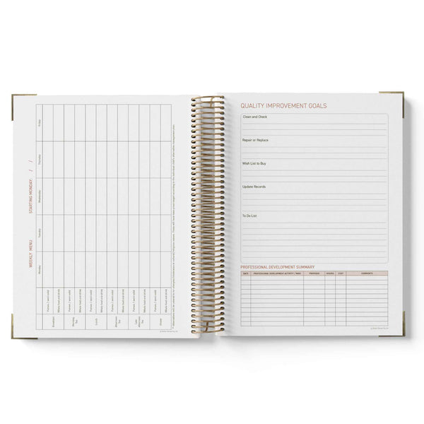 Open spiral-bound ECEC Cook Diary with quality improvement goals section on a white background