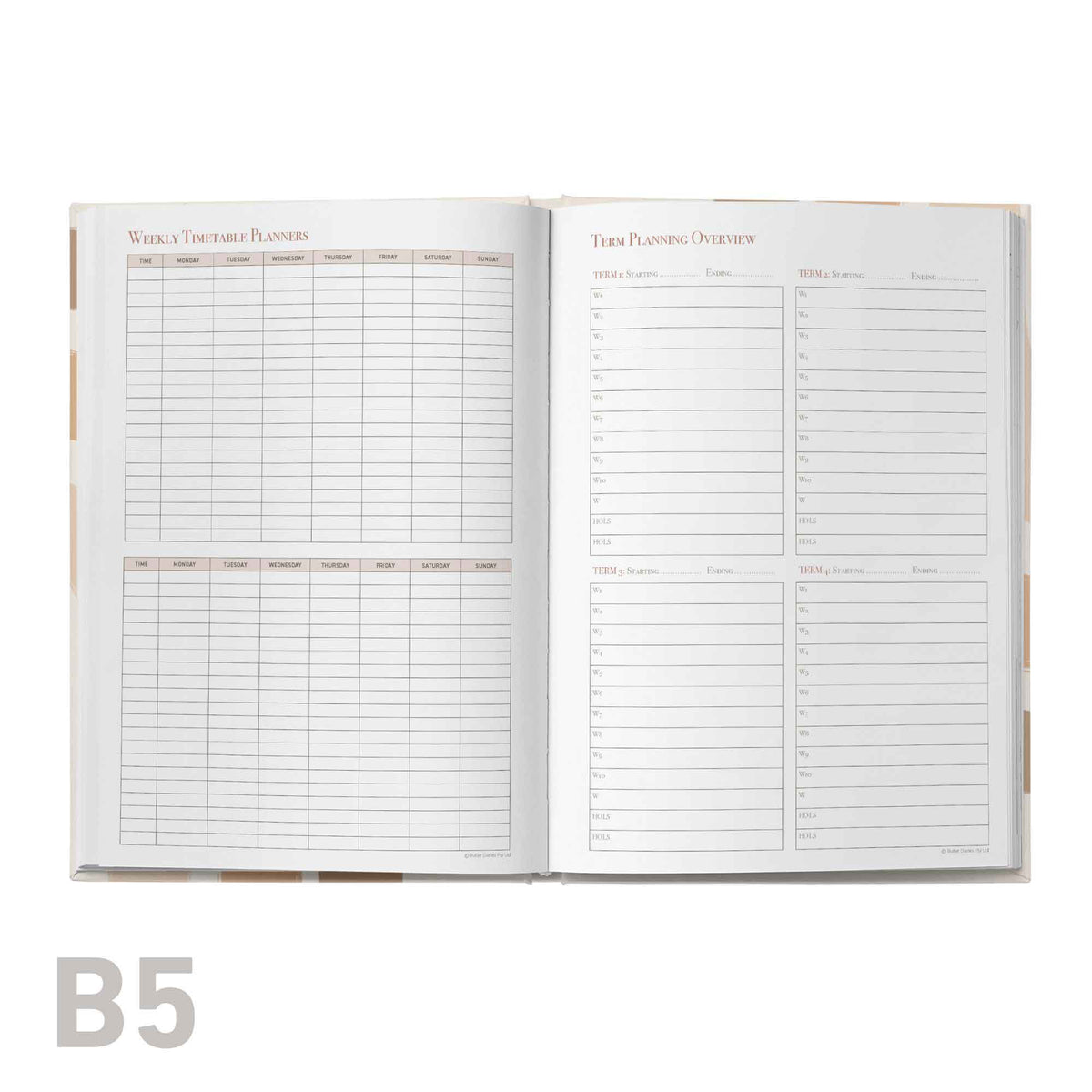 Open educator planner showing detailed weekly and monthly schedules on a white background