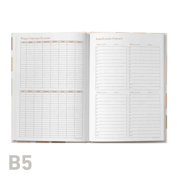 Open educator planner showing detailed weekly and monthly schedules on a white background