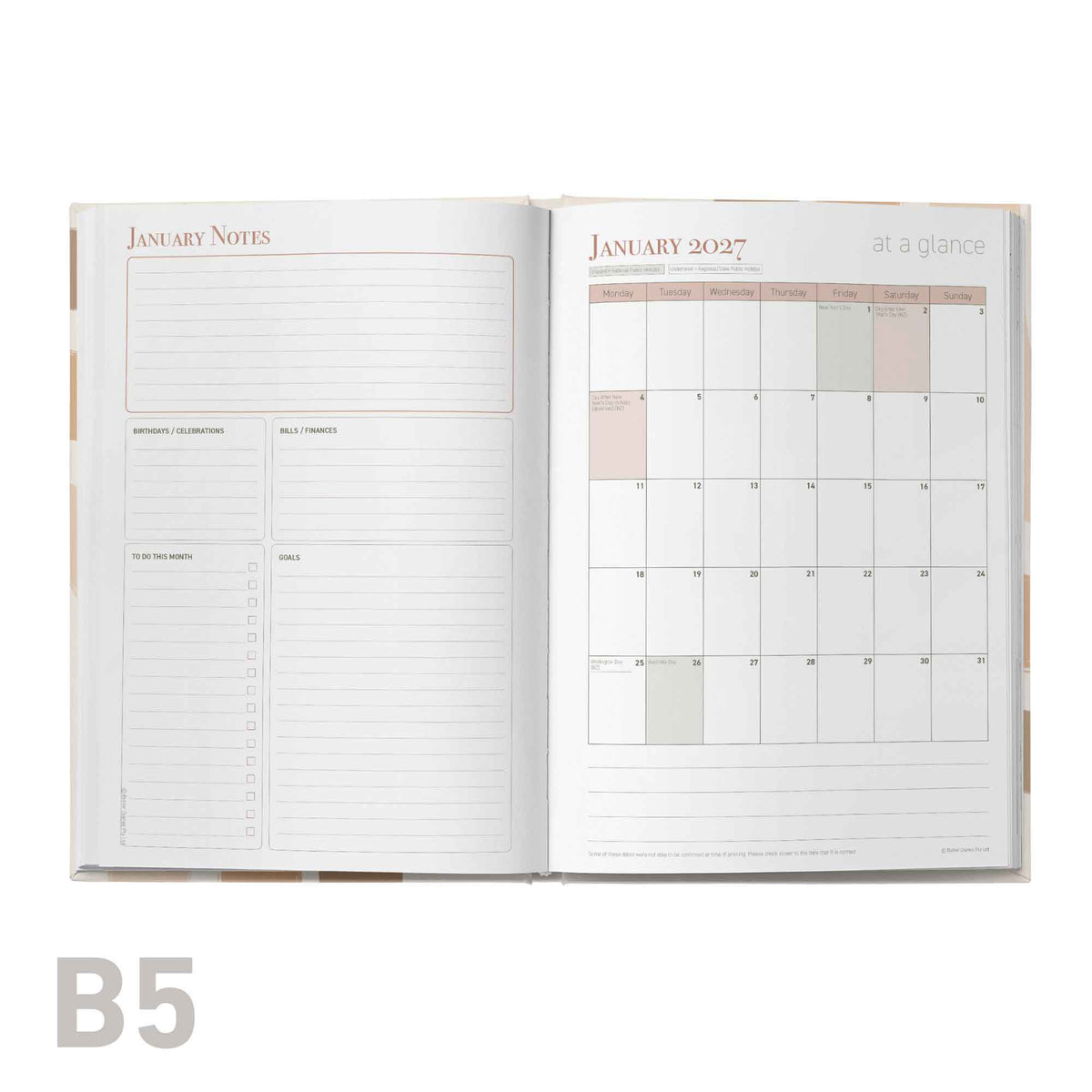 Open educator planner showing January notes and a calendar for January 2027 on a white background.