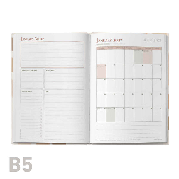 Open educator planner showing January notes and a calendar for January 2027 on a white background.