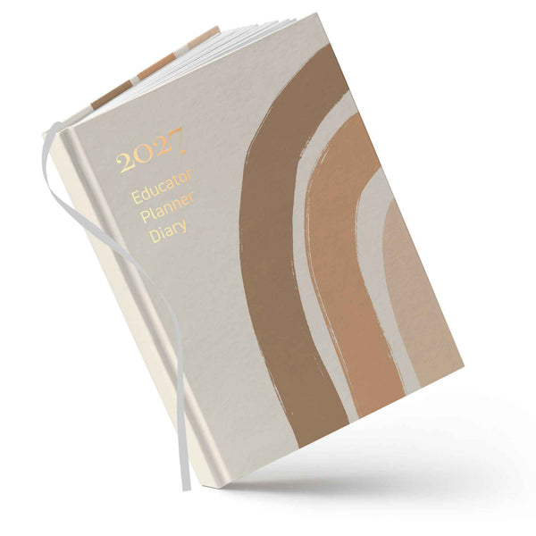 Educator planner diary with beige cover and brown wave design on a white background