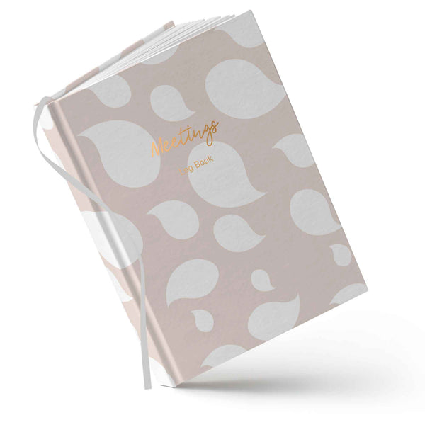 Meeting log book with white leaf pattern on a light pink background