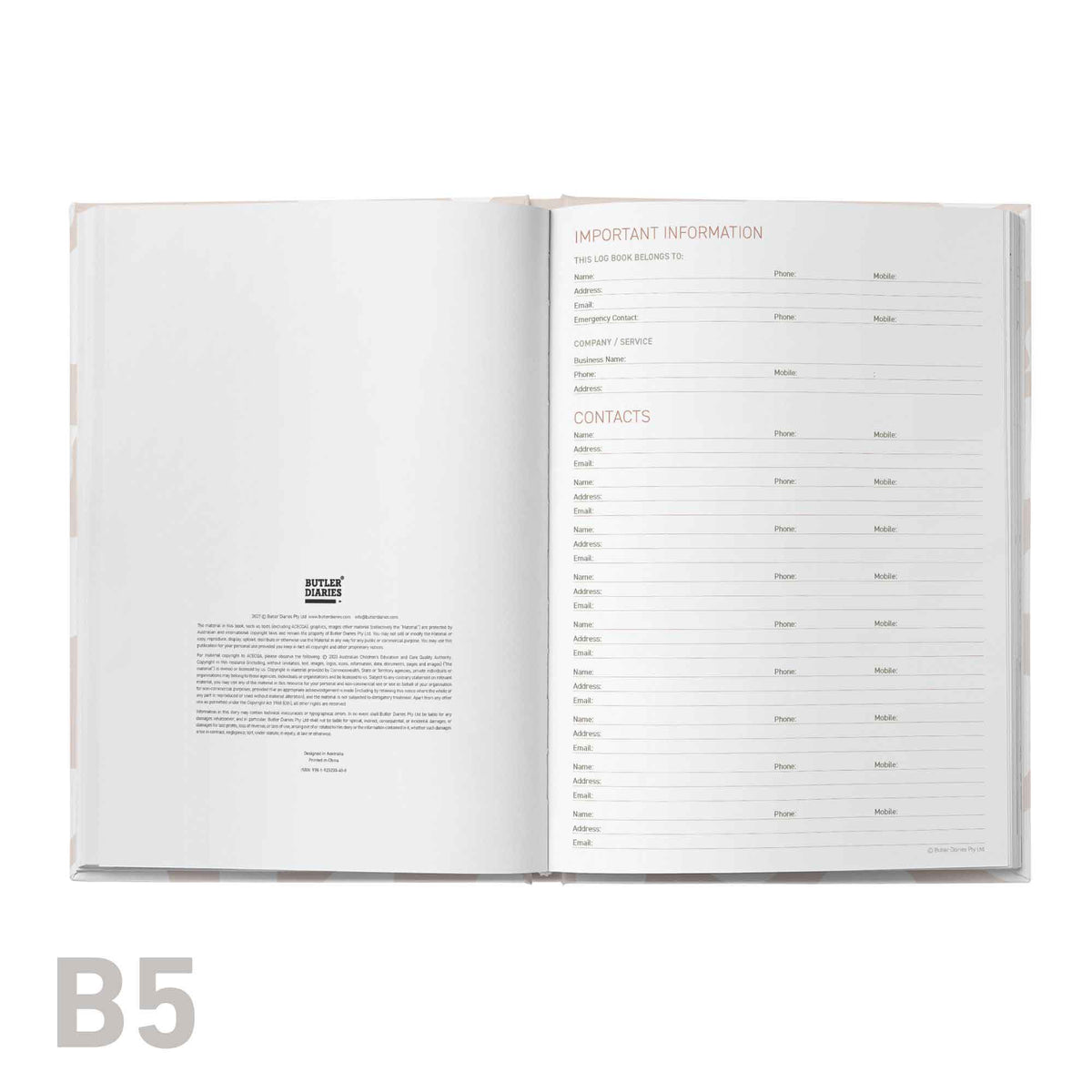Open meeting log book with a page titled 'Important Information' and another titled 'Contacts', on a white background.