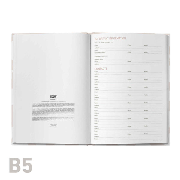 Open meeting log book with a page titled 'Important Information' and another titled 'Contacts', on a white background.
