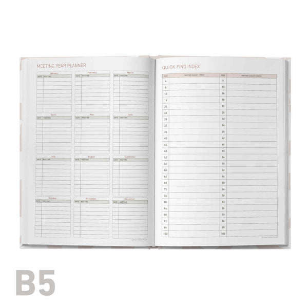 Open meeting log book with detailed schedules on a white background