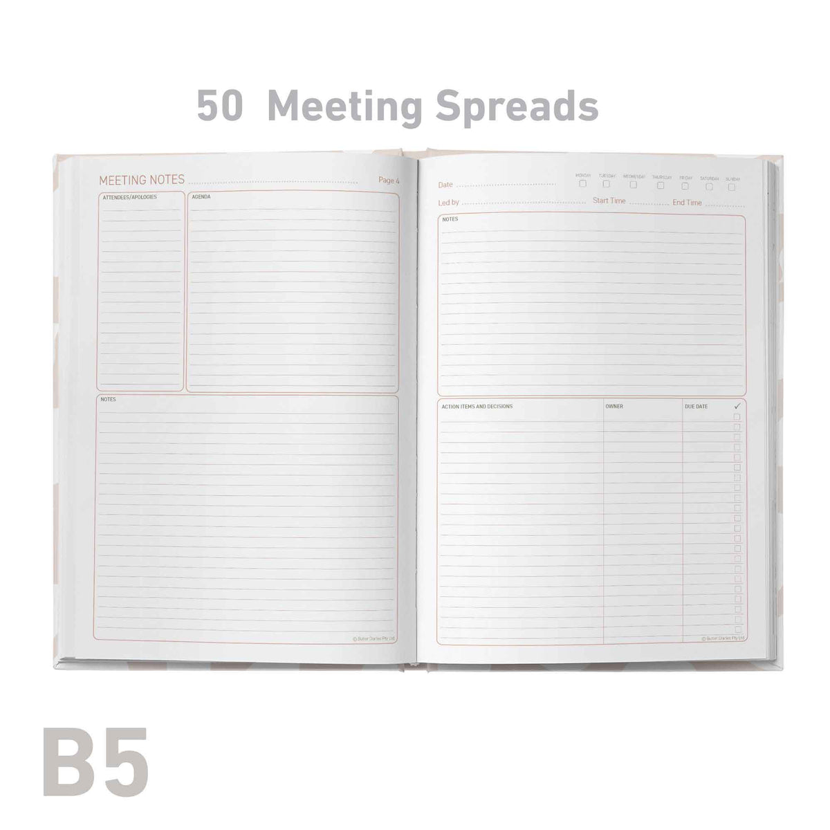 Open meeting log book showing meeting spreads with '50 Meeting Spreads' text and 'B5' size label.