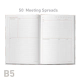 Open meeting log book showing meeting spreads with '50 Meeting Spreads' text and 'B5' size label.